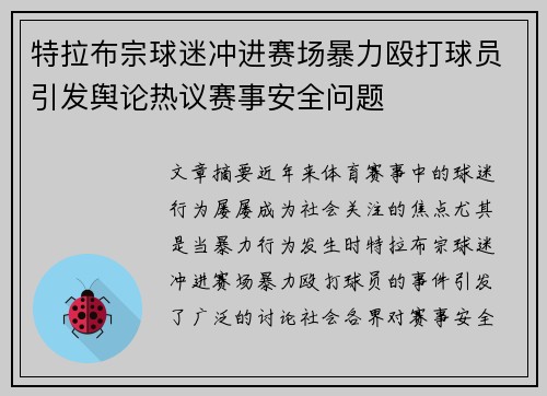 特拉布宗球迷冲进赛场暴力殴打球员引发舆论热议赛事安全问题