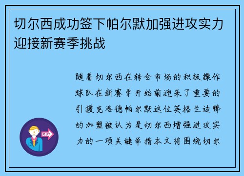 切尔西成功签下帕尔默加强进攻实力迎接新赛季挑战